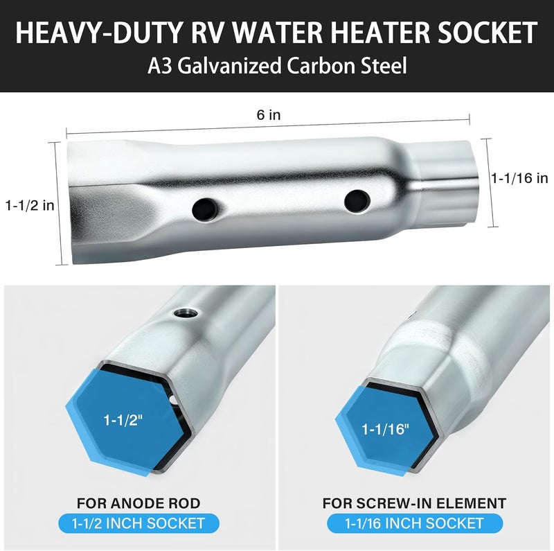 Timsec RV Water Heater Element Wrench Socket - Dual Hex Anode Rod Socket, 1-1/16" x 1-1/2" x 6", Heating Element Wrench Tool for Residential, RV, Camper, Trailer and Motorhome - Image 2